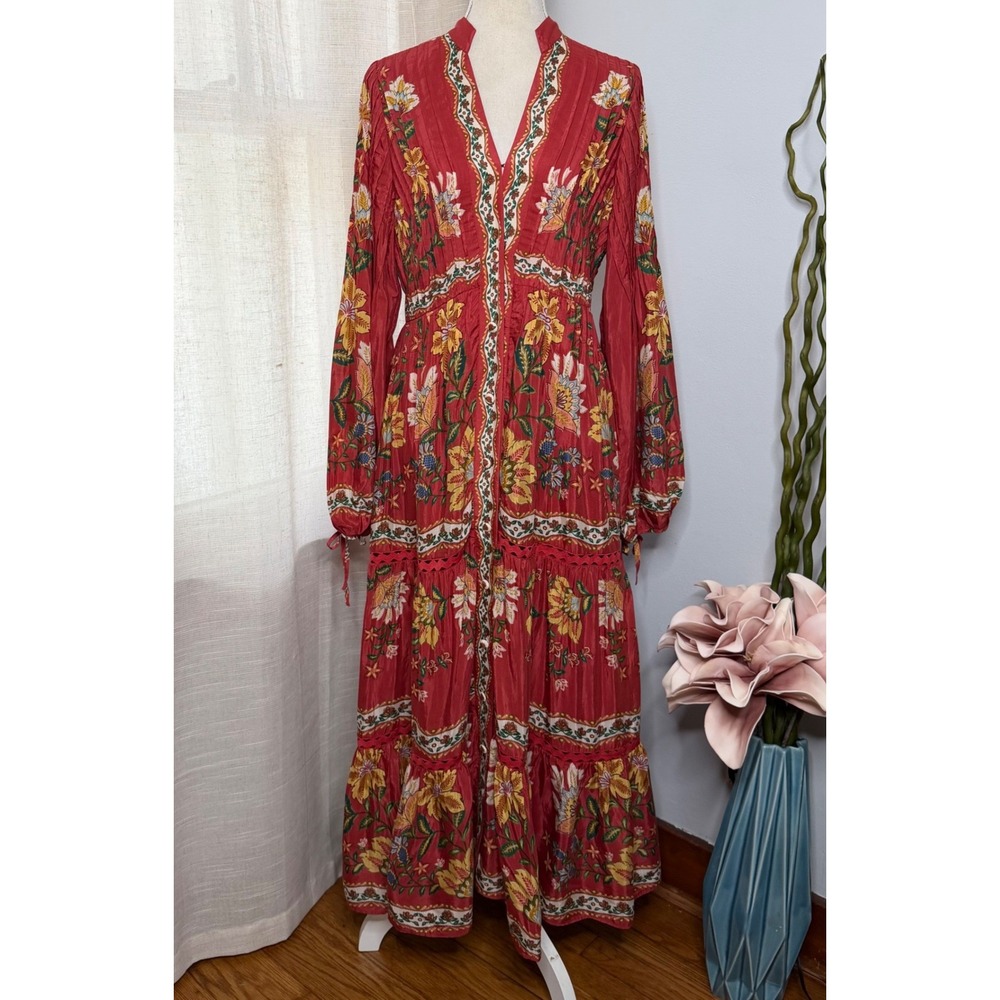 NWT‎ Farm Rio Garden Delight Floral Tiered Midi Dress Red Women's Size Medium M